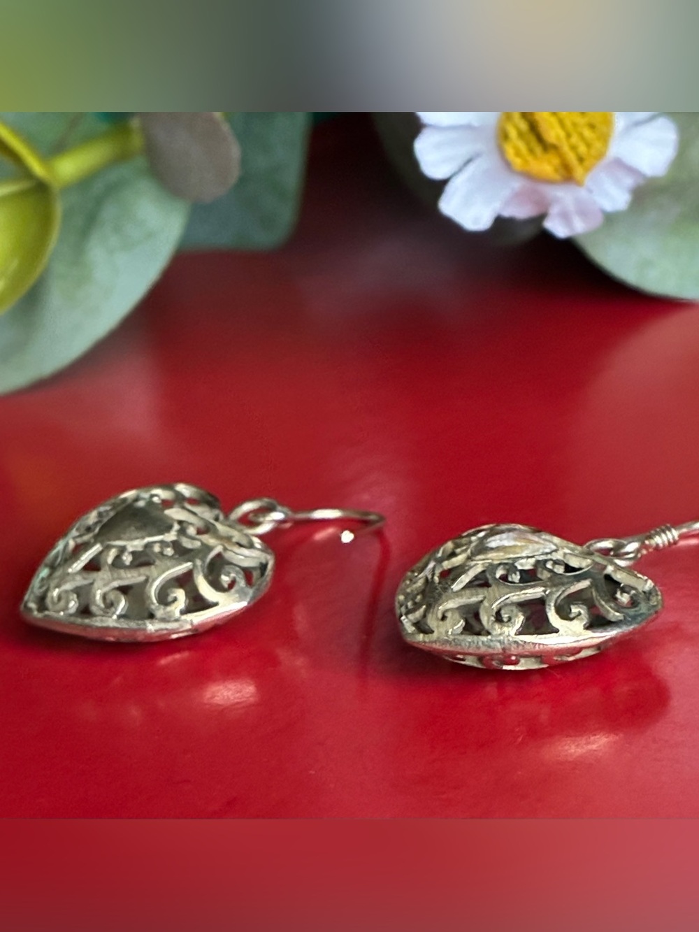 925 Silver Earrings,Heart Filigree Drop Earrings - Silver Heart Dangles - Picture 4 of 6